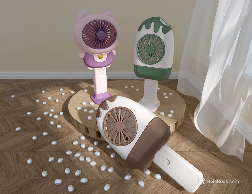 Cute Cat And Ice Cream Shaped Handheld Fans In Pastel Colors For Daily Use 3d model 
