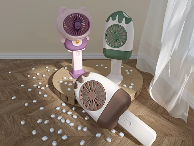 Cute Cat And Ice Cream Shaped Handheld Fans In Pastel Colors For Daily Use 3d model