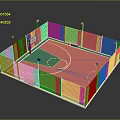 Fenced Outdoor Basketball Court With Green Pink Surface Lighting Poles And Hoop