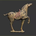 Golden Horse Sculpture With Red Saddle Decorative Patterns And Square Base