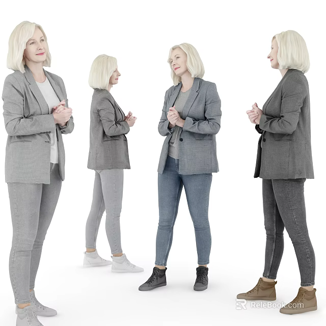 Professional Woman In Gray Blazer With Different Pants And Footwear Styles 3d model 