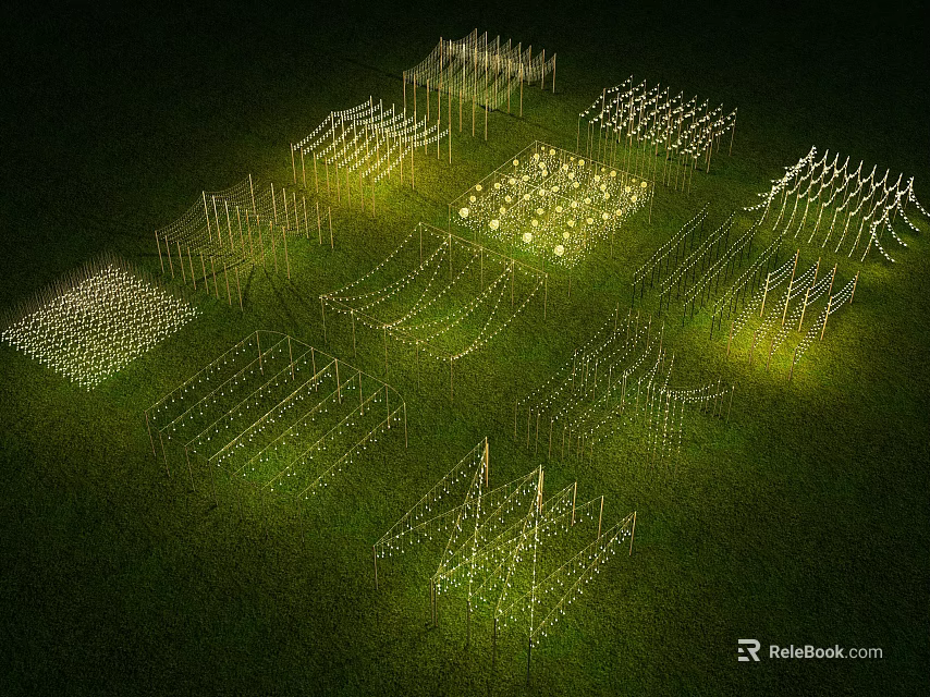 Outdoor Lights With Geometric Arrangement On Green Grass At Night Bright Illumination 3d model 