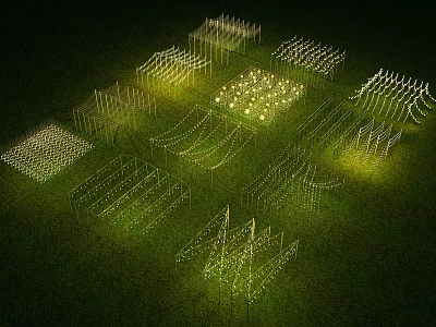 Outdoor Lights With Geometric Arrangement On Green Grass At Night Bright Illumination 3d model