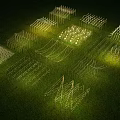 Outdoor Lights With Geometric Arrangement On Green Grass At Night Bright Illumination