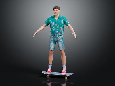 A Man Standing On Skateboard Wearing Green Floral Shirt And Denim Shorts 3d model