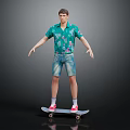 A Man Standing On Skateboard Wearing Green Floral Shirt And Denim Shorts