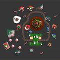 Festive Christmas Holiday Furniture With Red Cottage Green Tree Candy Canes And Gift Boxes