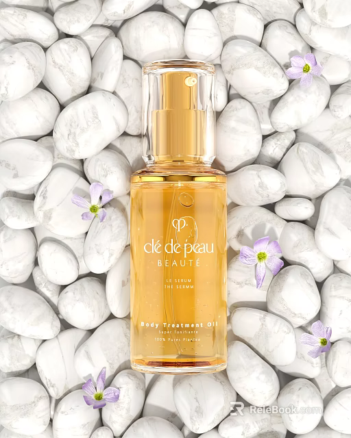 Clé de Peau Beauté Body Treatment Oil with White Pebbles and Purple Flowers 3d model 