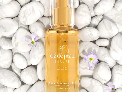 Clé de Peau Beauté Body Treatment Oil with White Pebbles and Purple Flowers 3d model