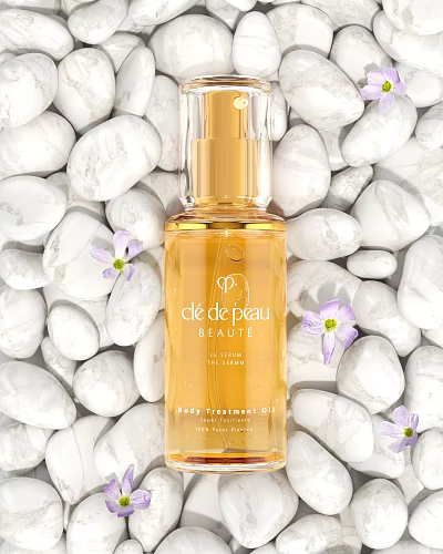 Clé de Peau Beauté Body Treatment Oil with White Pebbles and Purple Flowers 3d model