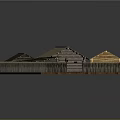 Traditional Wooden Houses Featuring Thatched and Wooden Roofs with Fenced Yard and Pathway