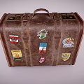 Vintage Brown Leather Suitcase With Decorative Travel Patches And Retro Design
