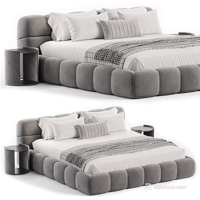 Gray Upholstered Double Bed With Padded Headboard White Bedding Striped Throw And Side Nightstand 3d model