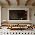 Warm Natural Living Dining Room Interior With Beige Sofa Wooden Coffee Table And Geometric Rug