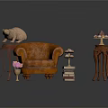 Vintage Brown Leather Armchair Interior With Stacked Books Small Lamp Pink Flower Vase And Sculptures