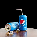 Pepsi Cola Carbonated Beverage in Aluminum Can with Ice Cubes on Wooden Table