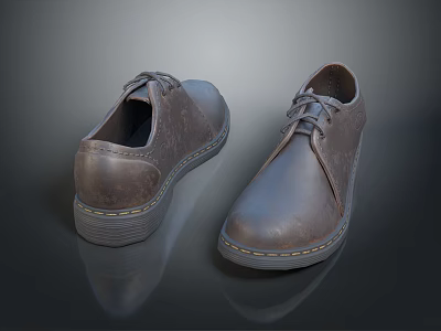 Brown Leather Lace Up Casual Shoes With Yellow Stitching On Sole And Shiny Reflection 3d model