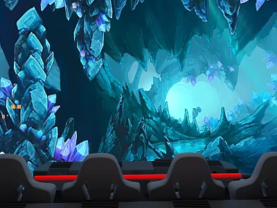 VR Experience Center with Cozy Seats and Immersive Blue Crystal Cave Virtual Scene 3d model
