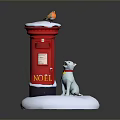 Red Postbox With Snowy Top And Bird Next To White Dog Wearing Collar