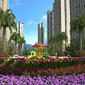 Lush Garden Landscape With Flowers Trees Pergola And Playground In Residential Area