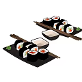 Delicious Fresh Sushi Rolls With Soy Sauce And Chopsticks On Black Plates