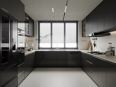 Modern Kitchen Interior With Black Cabinets White Countertops And Window 3d model