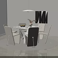 Modern Round Glass Top Dining Table Set With Four Upholstered Chairs And Abstract Wall Art