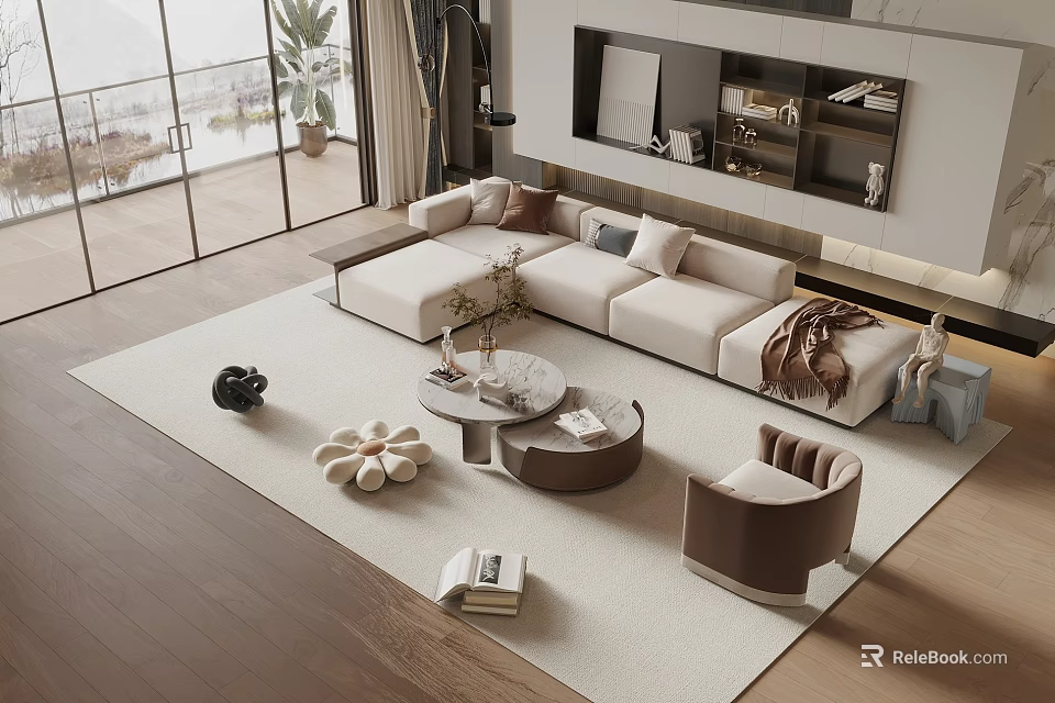 Modern L-shaped Sofa Coffee Table Set With Throw Pillows Round Table And Area Rug 3d model 