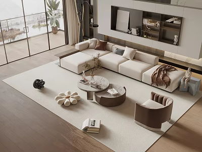Modern L-shaped Sofa Coffee Table Set With Throw Pillows Round Table And Area Rug 3d model