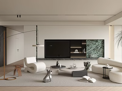 Modern Living Room Interior Design With White Sofa TV Marble Backdrop And Decor 3d model