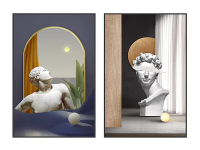 Modern Wall Art With White Bust Arched Window Moon Green Plant And Wooden Decor 3d model