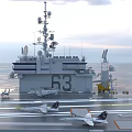 Naval Aircraft Carrier Sailing On Open Sea With Flight Deck And Military Gear