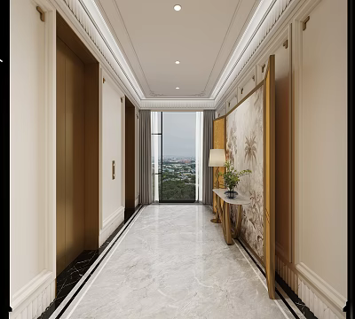 Luxurious Elevator Hallway Interior Design With Marble Flooring And Decorative Wall Art 3d model