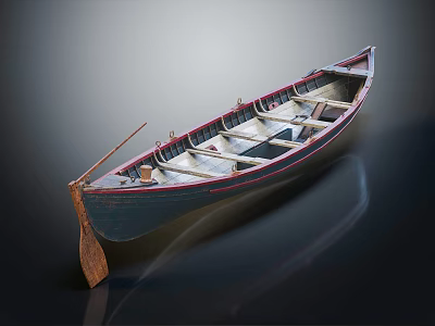 Classic Wooden Boat With Wooden Oar Interior Seats And Blue Red Accents 3d model
