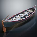 Classic Wooden Boat With Wooden Oar Interior Seats And Blue Red Accents