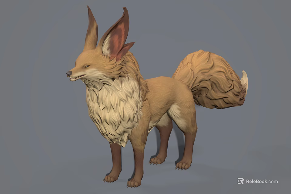 Fantasy Style Fox 3D Model With Large Ears And Fluffy Brown Tail 3d model 