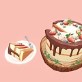 Delicious Cake With Chocolate Drizzle Strawberries Blueberries Green Leaves On Wooden Tray And Sliced Piece