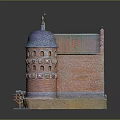 Historical Red Brick Architectural Structure With Twin Domed Towers Blue Roofs And Ornate Arched Entrance