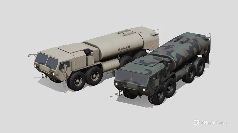 Two Large Military Tanker Trucks With Beige And Camouflage Truck Exterior Design 3d model 