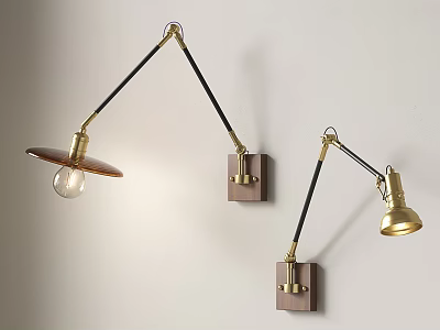 Wall Lamps with Brass Metal Arms Wooden Bases and Adjustable Angles on White Wall 3d model