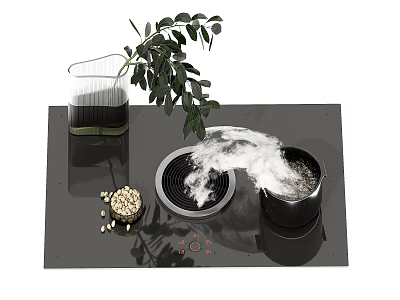 Modern Electric Cooktop with Steam Rising from Pot Glass Pitcher Green Plant and Scattered Nuts 3d model