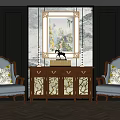 Elegant Console Cabinet with Patterned Glass Doors Decorative Mirror and Table Lamps Between Armchairs 3d model