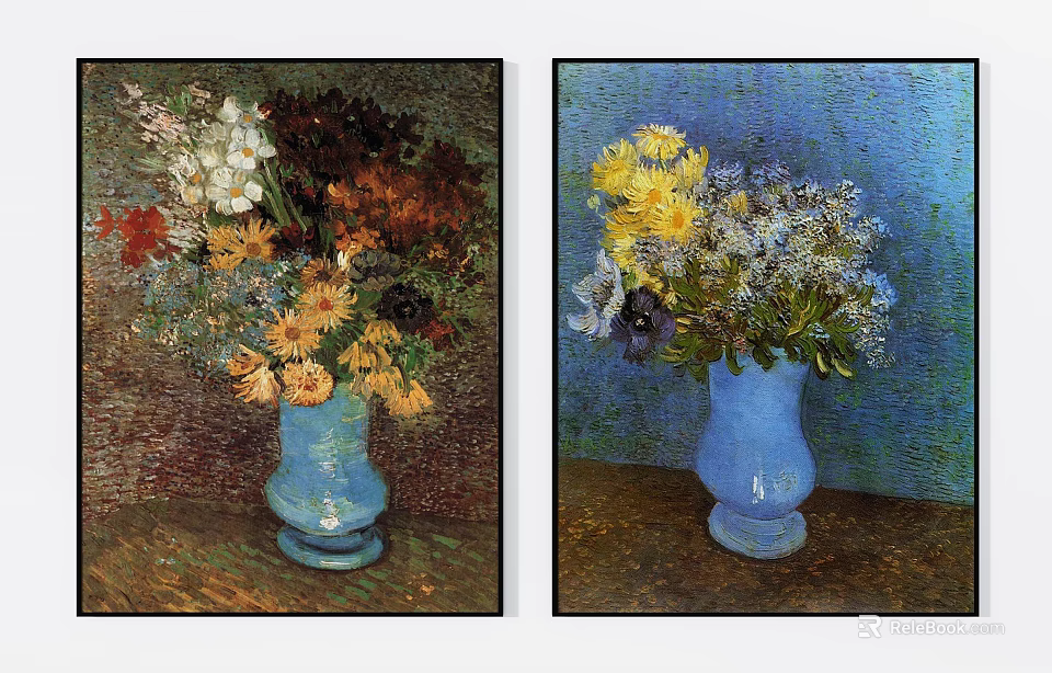 Oil Painting Of Blue Vase With Colorful Flowers On Dark And Blue Backgrounds 3d model 