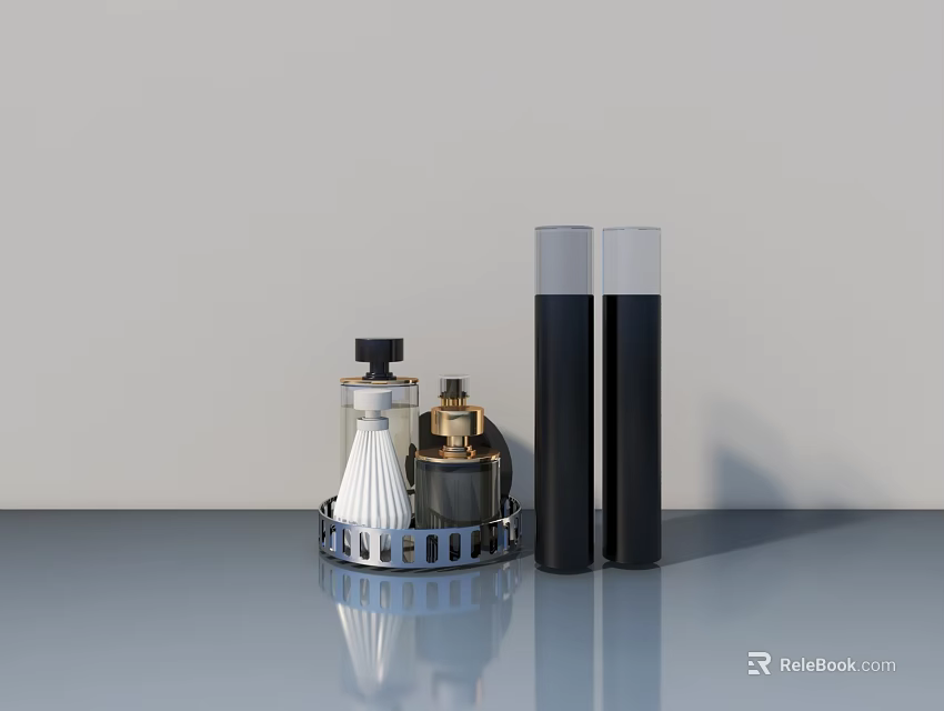 Hinged Door Design With Metal Stand And Cylindrical Objects On Gray Tabletop 3d model 