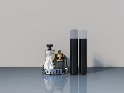 Hinged Door Design With Metal Stand And Cylindrical Objects On Gray Tabletop 3d model