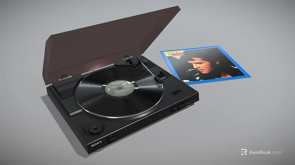 High Quality Turntable Audio Equipment with Open Lid and Vinyl Record Album Cover 3d model 