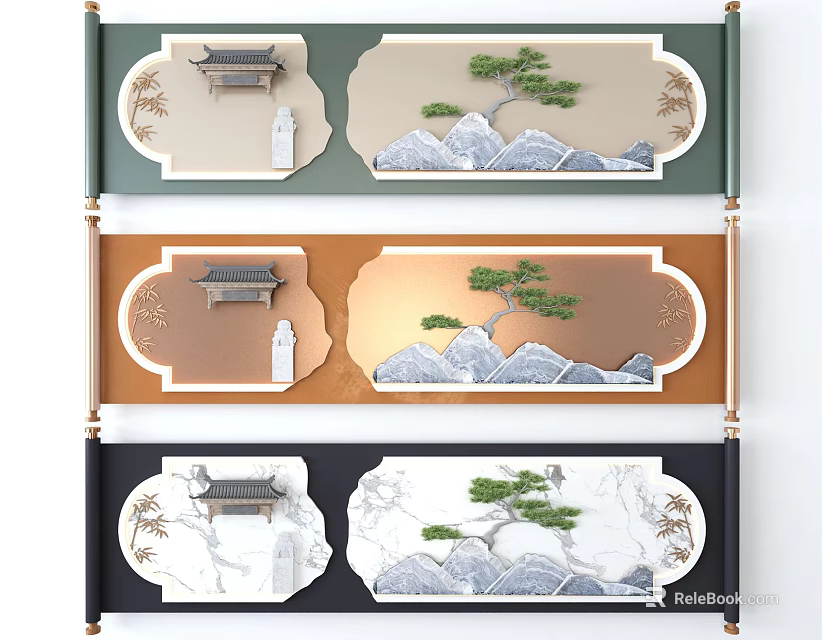 Traditional Wall Decor With Pavilion Pine Tree Mountain And Marble Texture Backgrounds 3d model