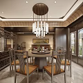 Traditional Chinese Restaurant Interior With Hanging Chandelier Dining Table Wooden Chairs Decorative Plants And Screen