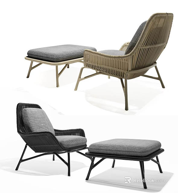 Stylish Rattan Single Sofa In Light Brown Black With Gray Cushions And Ottoman 3d model 