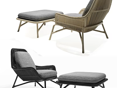 Stylish Rattan Single Sofa In Light Brown Black With Gray Cushions And Ottoman 3d model
